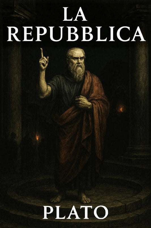 Book cover for 'La Repubblica' by Plato, featuring a dark classical painting of Plato standing in a stone hall with columns, wearing a brown and black robe with a red cloak, and gesturing with one hand. 
