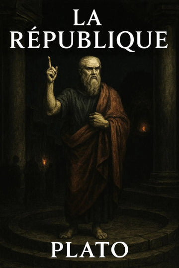Book cover for 'La République' by Plato, featuring a dark classical painting of Plato in a robe standing in a stone hall, with the title and author name in white text.