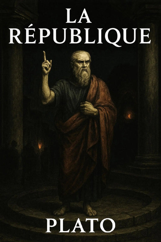 Book cover for 'La République' by Plato, featuring a dark classical painting of Plato in a robe standing in a stone hall, with the title and author name in white text.