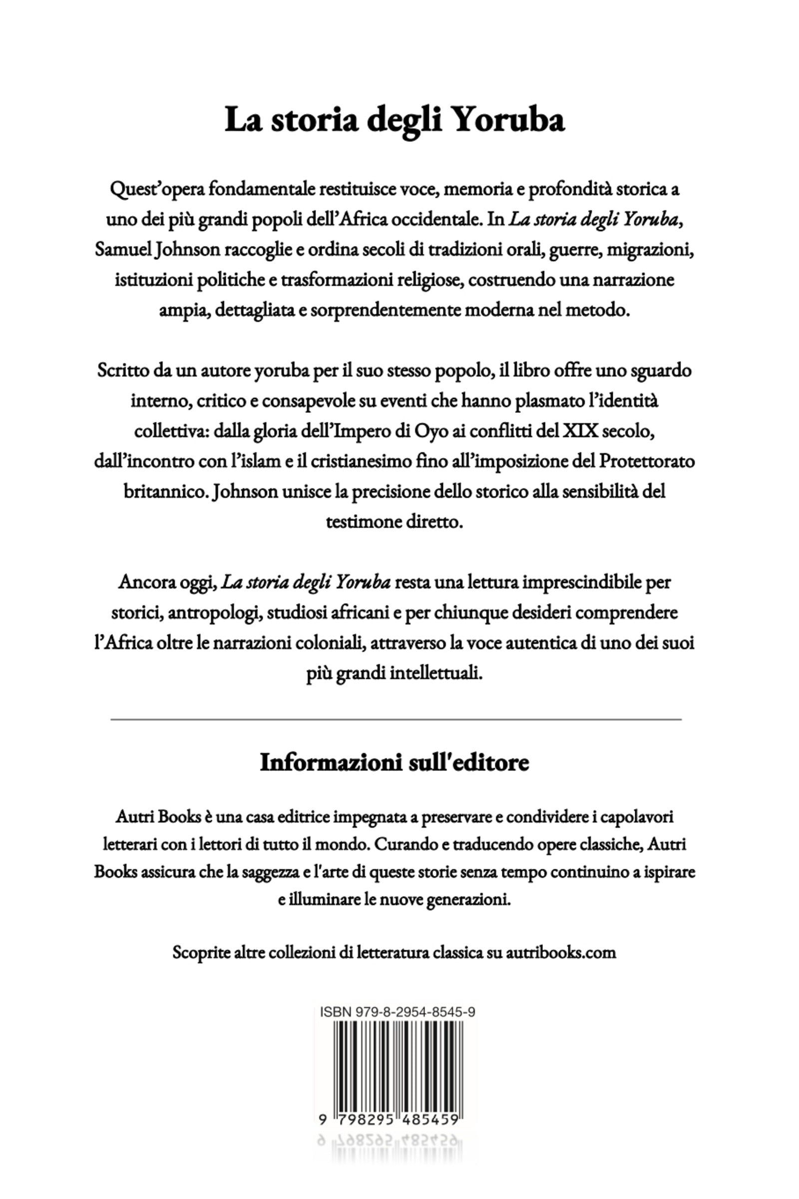 Book cover with text in Italian about the history of the Yoruba people, featuring a black background with white text.