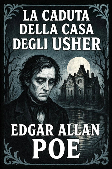 A book cover for 'La caduta della casa degli Usher' by Edgar Allan Poe, featuring a dark gothic illustration of a man's portrait, a haunted house, bare trees, and a full moon, with the title and author name in large white text.