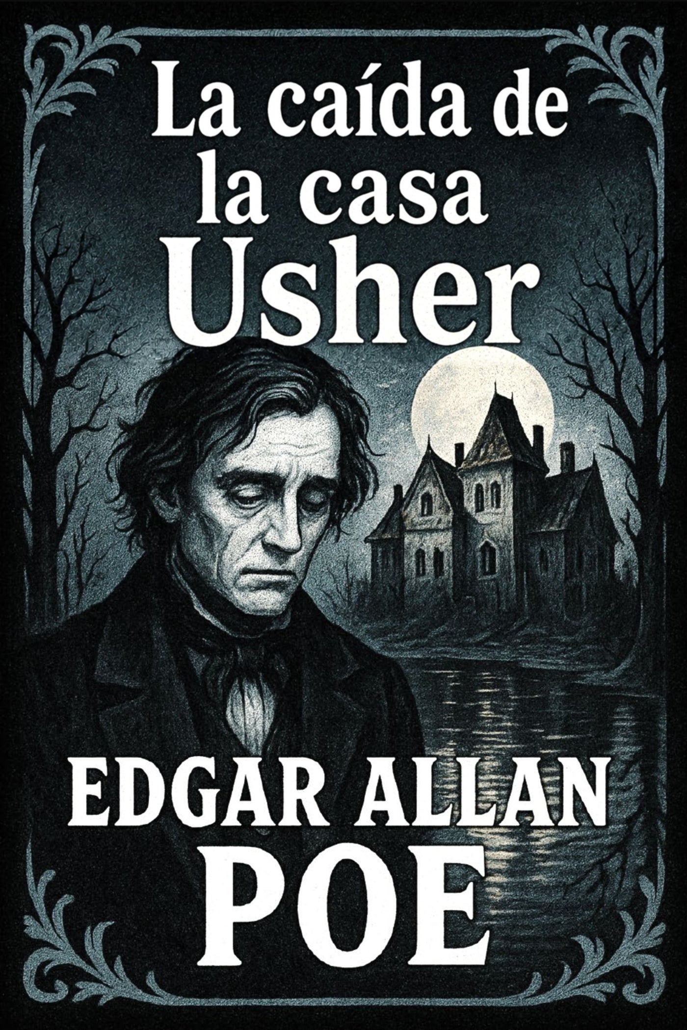 Book cover of 'La caída de la casa Usher' by Edgar Allan Poe with a dark, eerie landscape.