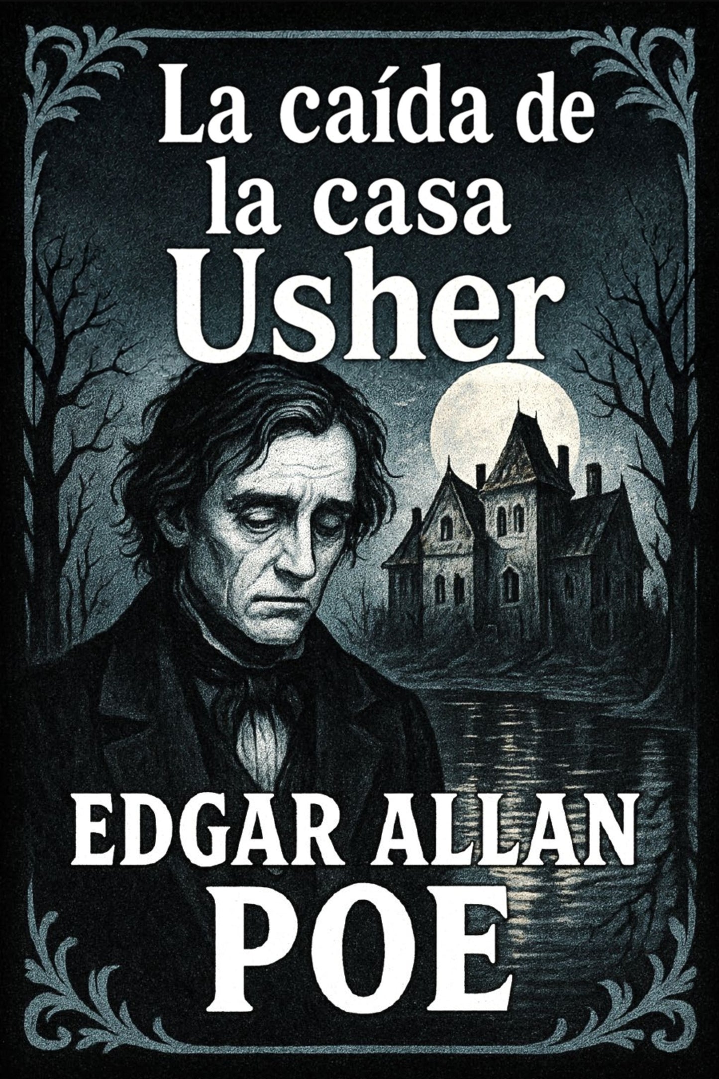 Book cover of 'La caída de la casa Usher' by Edgar Allan Poe with a dark, eerie landscape.
