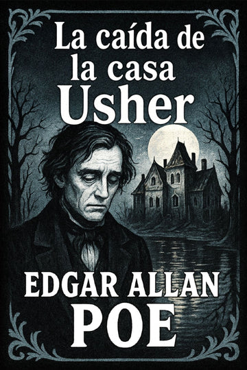 Book cover of 'La caída de la casa Usher' by Edgar Allan Poe with a dark, eerie landscape.