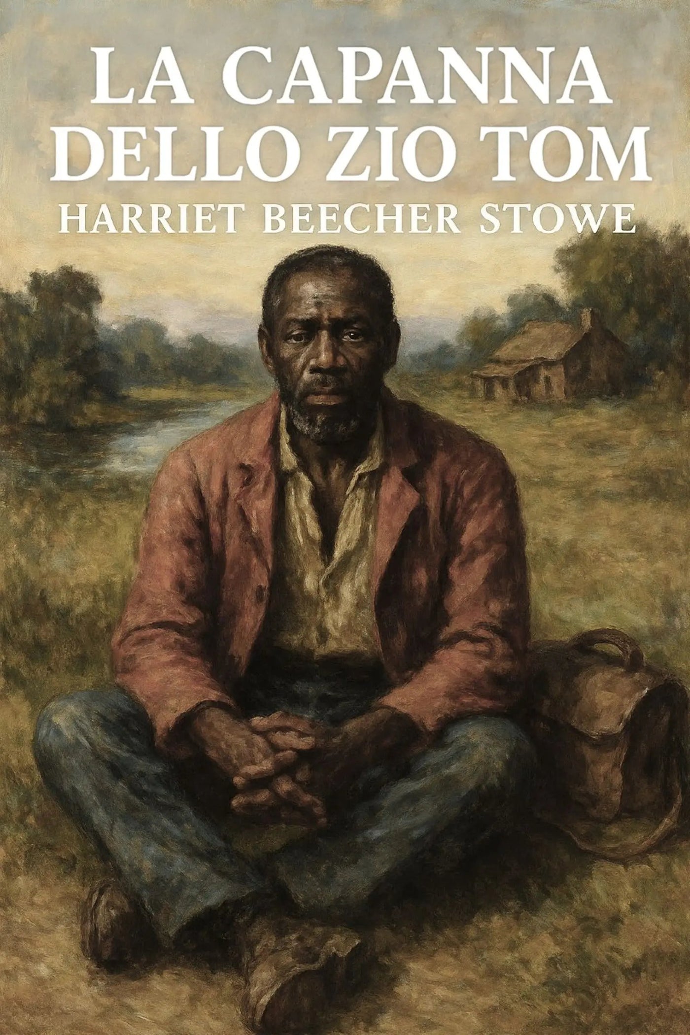Book cover for 'La capanna dello zio Tom' by Harriet Beecher Stowe, featuring a painted seated Black man in a rustic outdoor setting with a small cabin in the background and large white title text at the top.