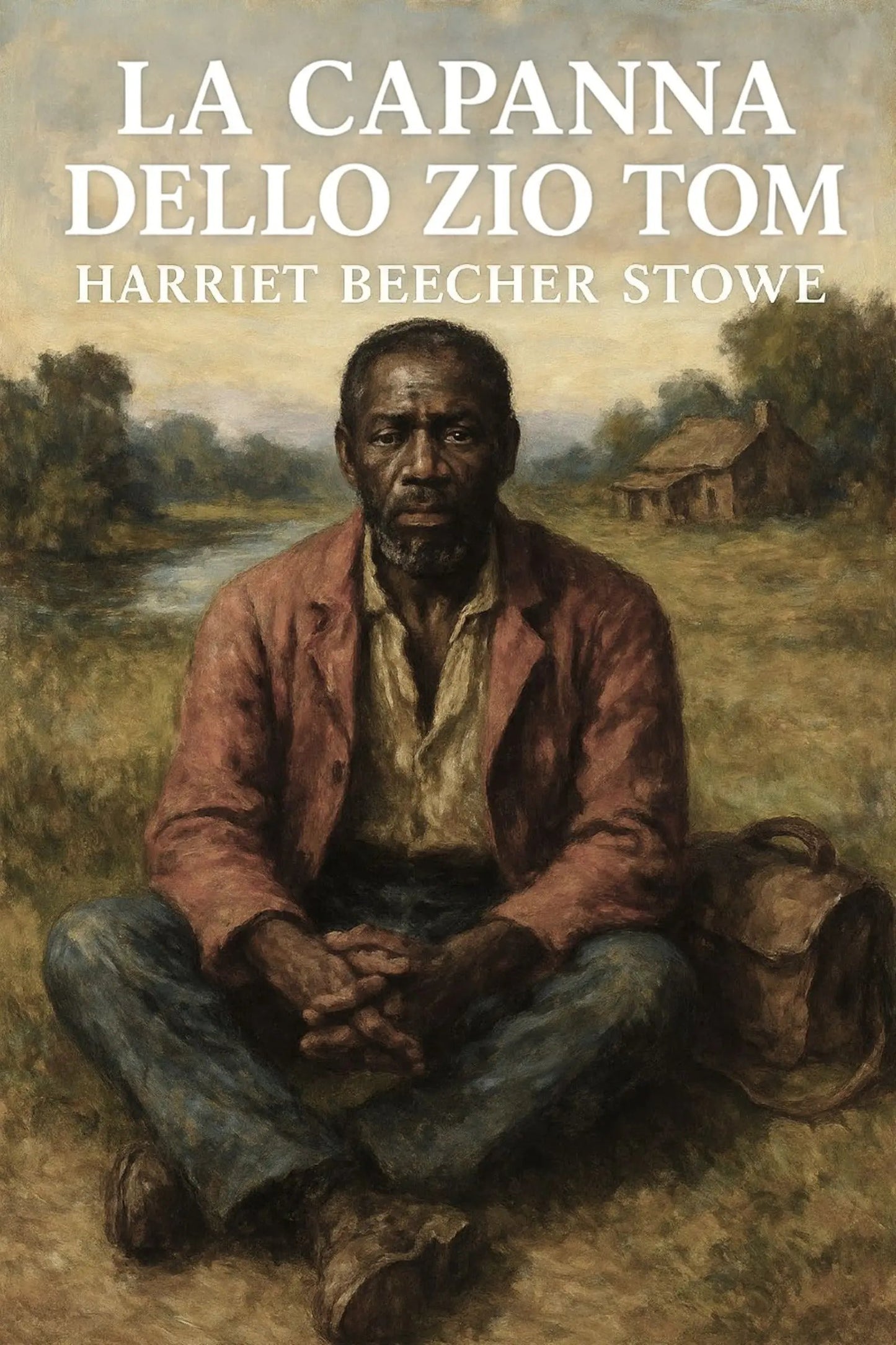 Book cover for 'La capanna dello zio Tom' by Harriet Beecher Stowe, featuring a painted seated Black man in a rustic outdoor setting with a small cabin in the background and large white title text at the top.