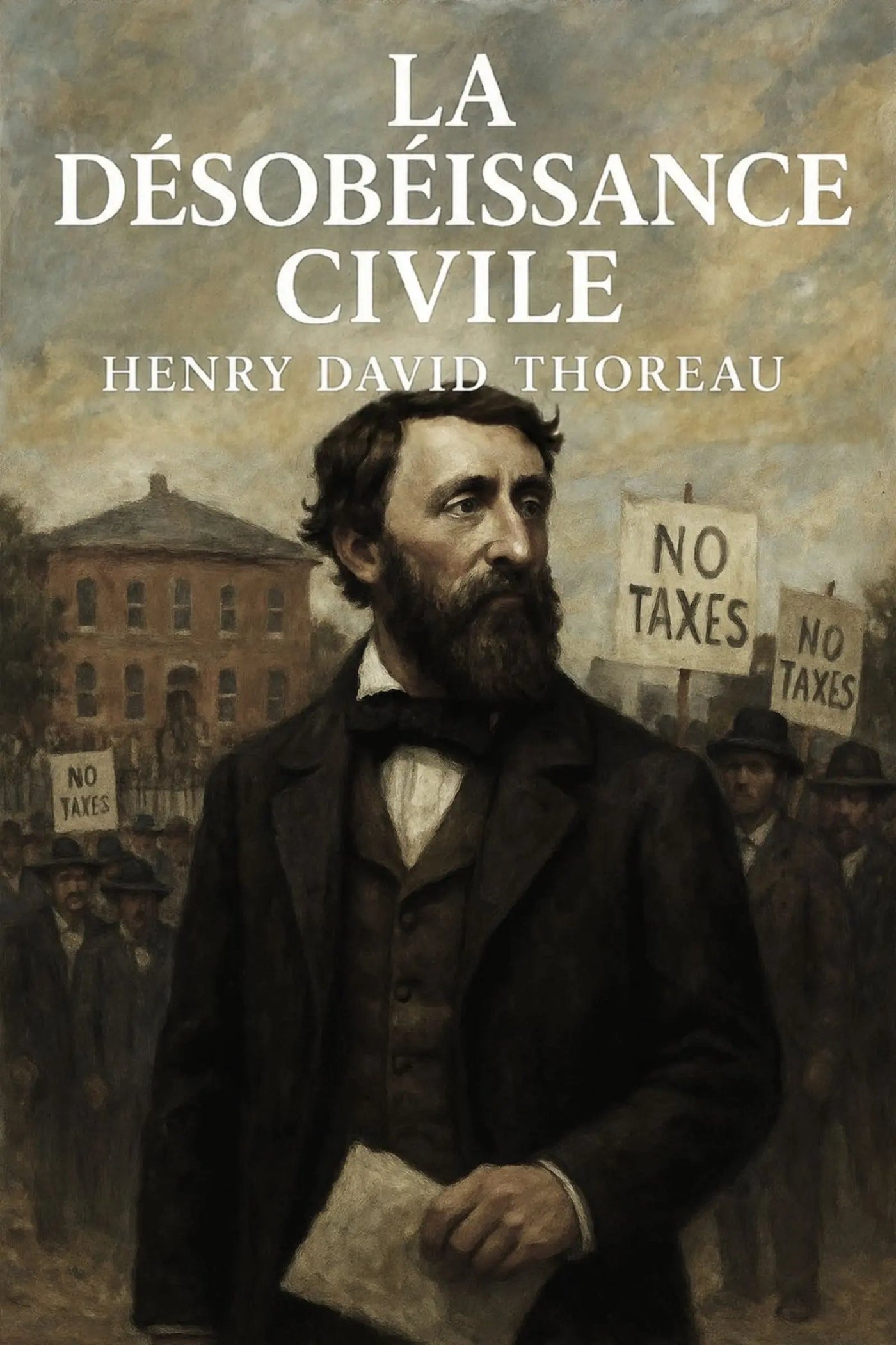 Book cover for 'La désobéissance civile' by Henry David Thoreau, featuring a painted portrait of Thoreau in front of a protest scene with 'NO TAXES' signs.