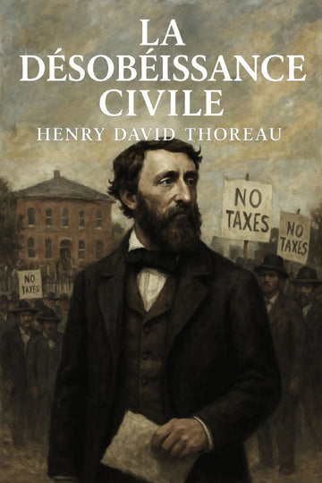 Book cover for 'La désobéissance civile' by Henry David Thoreau, featuring a painted portrait of Thoreau in front of a protest scene with 'NO TAXES' signs.