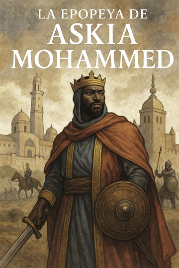Book cover of 'La epopeya de Askia Mohammed' featuring a warrior with a crown and shield.
