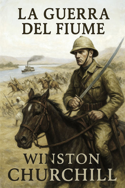 Book cover of 'La guerra del fiume' by Winston Churchill featuring a soldier on horseback.