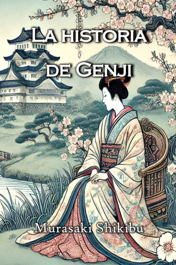 Book cover of 'La historia de Genji' with a woman in traditional Japanese attire and a castle in the background.