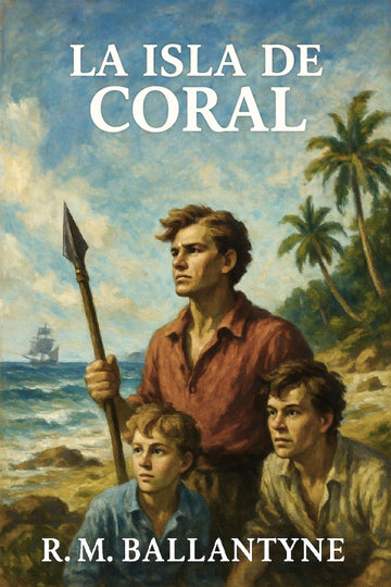 Book cover of 'La isla de coral' with a man and two boys on a beach, palm trees, and a ship in the background.