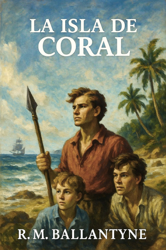 Book cover of 'La isla de coral' with a man and two boys on a beach, palm trees, and a ship in the background.
