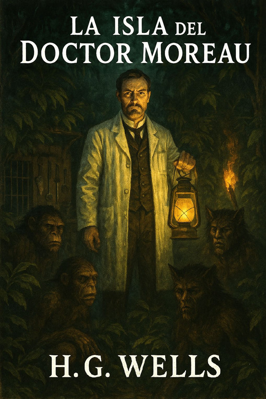 Book cover of 'La isla del doctor Moreau' by H.G. Wells featuring a doctor with a lantern and creatures.