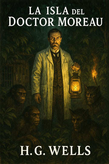 Book cover of 'La isla del doctor Moreau' by H.G. Wells featuring a doctor with a lantern and creatures.