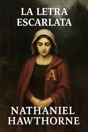Book cover of 'La letra escarlata' by Nathaniel Hawthorne with a woman in a red hooded cloak.