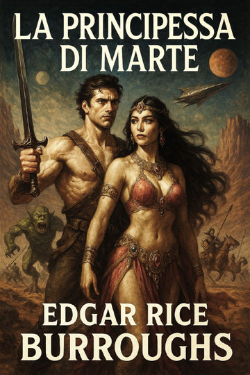 Book cover of 'La principessa di Marte' by Edgar Rice Burroughs featuring a man and woman in a desert landscape with space elements.