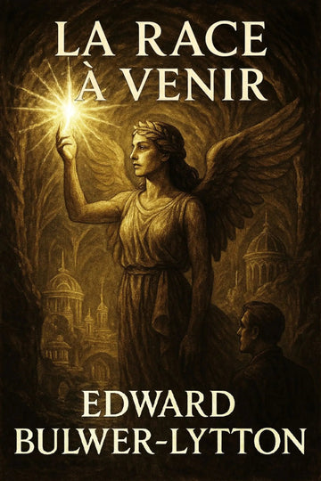 Book cover for 'La race à venir' by Edward Bulwer-Lytton, featuring a dramatic sepia-toned illustration of an angelic figure with wings holding a bright glowing light, with the title and author name in large cream text.