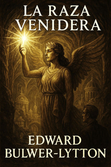 Book cover of 'La raza venidera' by Edward Bulwer-Lytton featuring an angelic figure holding a light.