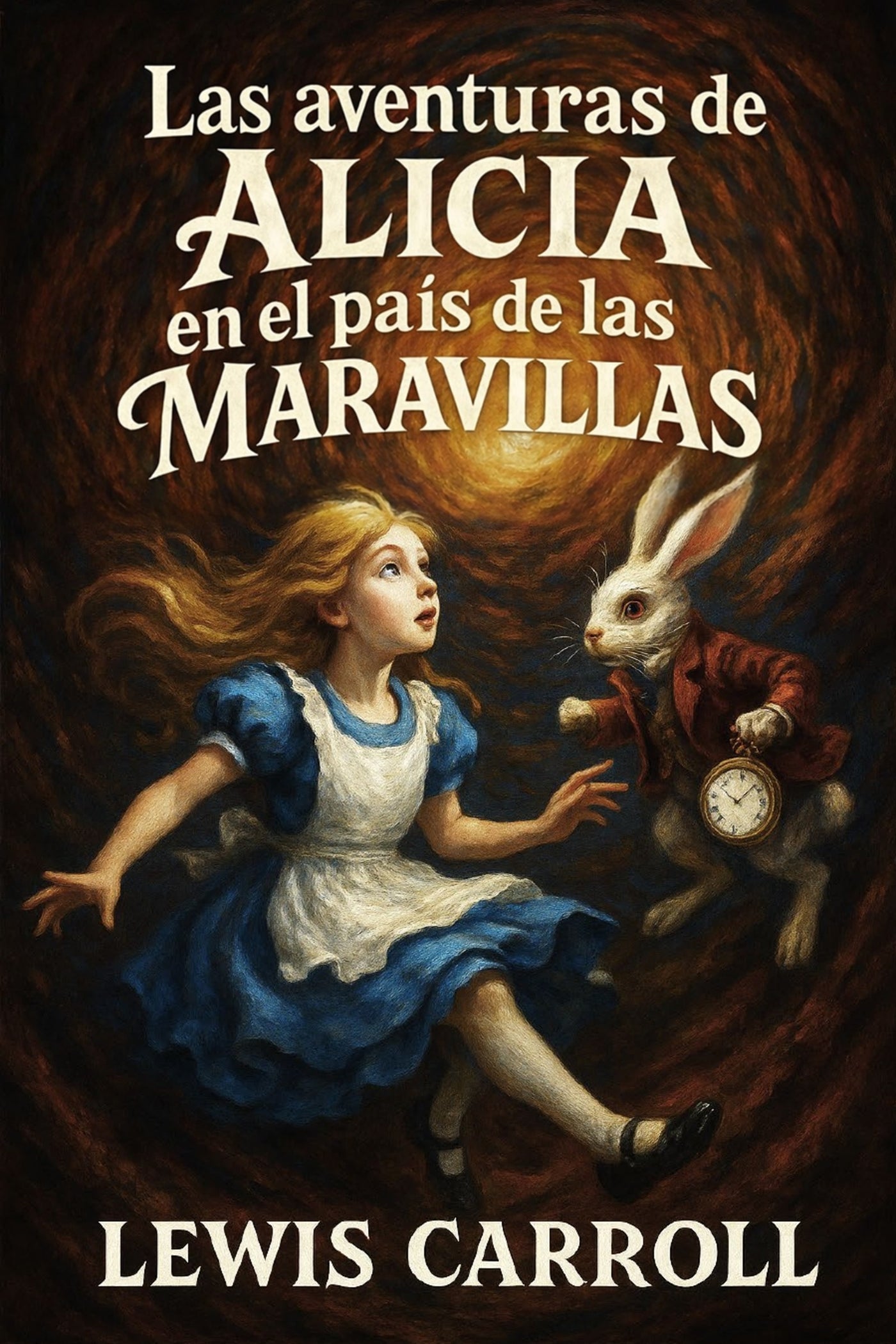 Book cover of 'Las aventuras de Alicia en el país de las maravillas' with Alice and the White Rabbit on a dark background