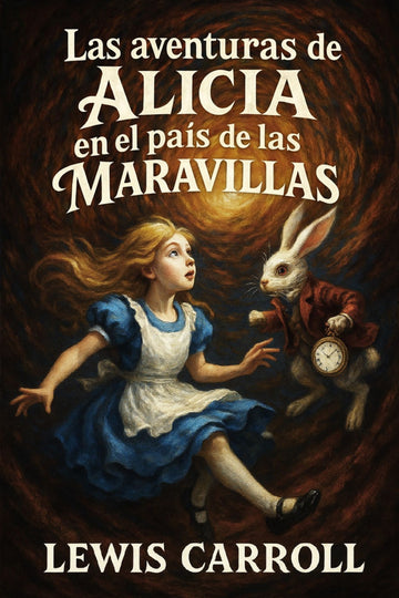 Book cover of 'Las aventuras de Alicia en el país de las maravillas' with Alice and the White Rabbit on a dark background