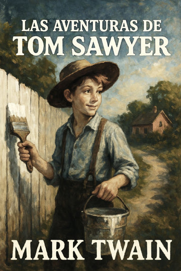 Book cover of 'Las aventuras de Tom Sawyer' by Mark Twain featuring a boy painting a fence.