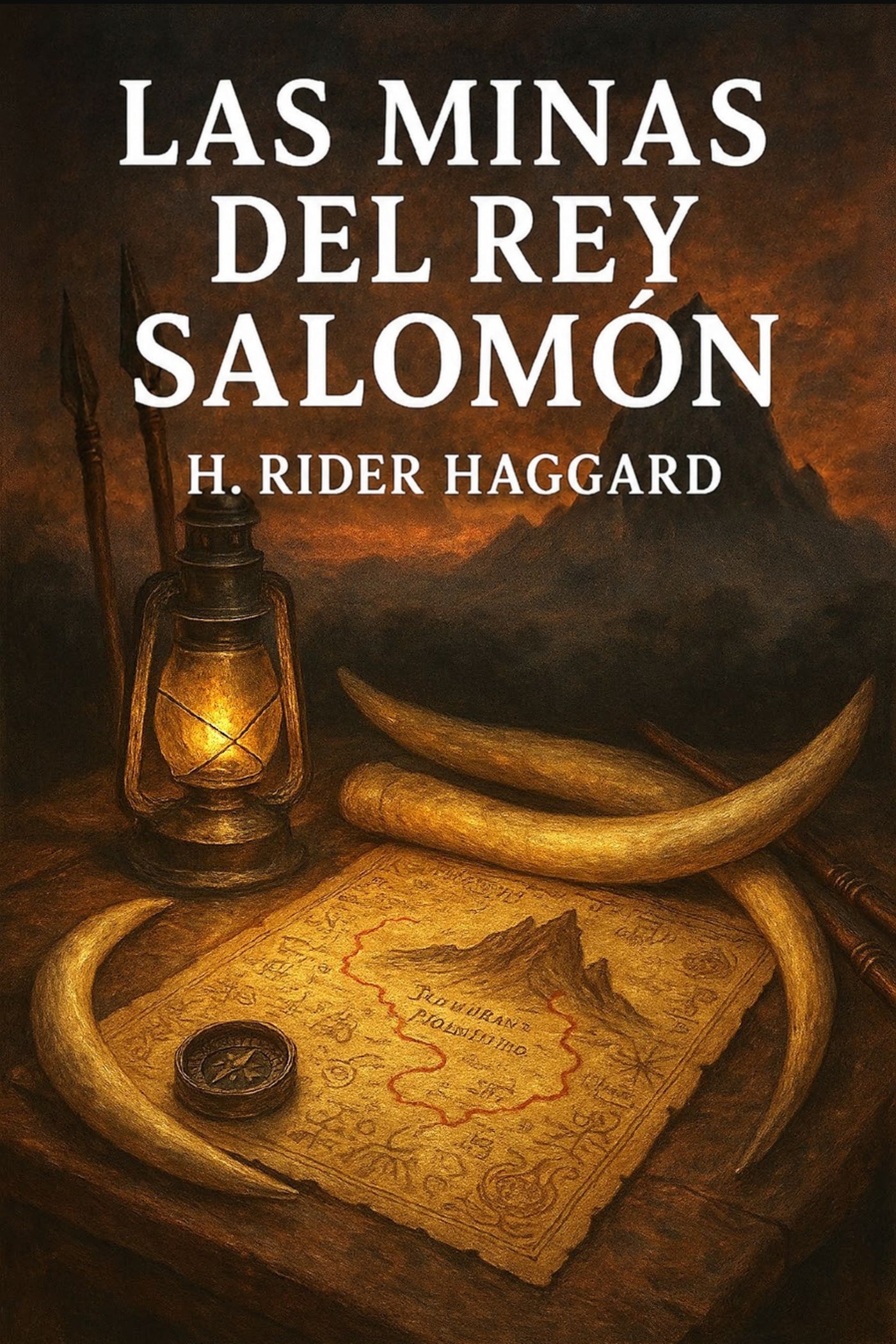 Book cover of 'Las minas del rey Salomón' by H. Rider Haggard with a lantern, map, and tusk on a dark background.