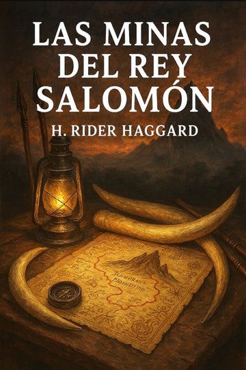 Book cover of 'Las minas del rey Salomón' by H. Rider Haggard with a lantern, map, and tusk on a dark background.