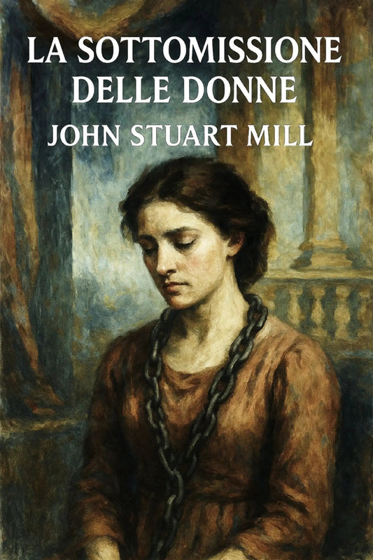 Book cover for 'La sottomissione delle donne' by John Stuart Mill, featuring a classical oil painting portrait of a woman in a brown dress with a heavy chain around her neck, with the title and author name in white text at the top.