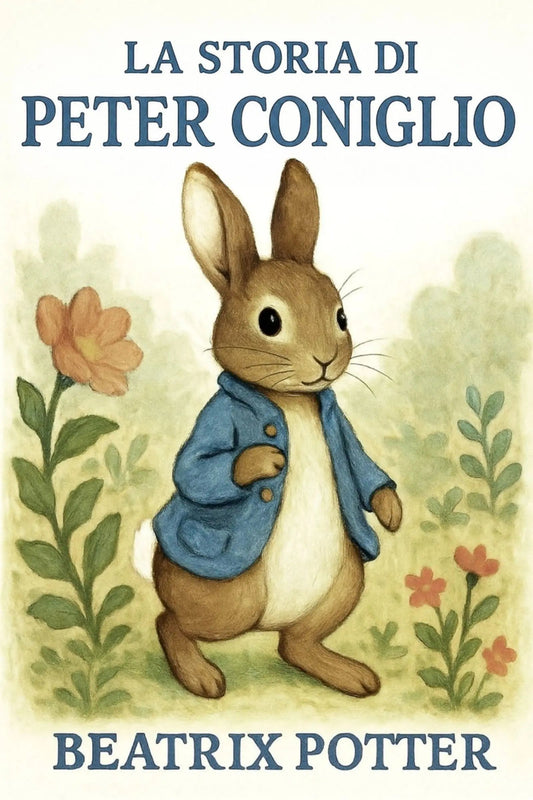 Italian book cover for 'La storia di Peter Coniglio' by Beatrix Potter, featuring a watercolor-style illustration of Peter Rabbit in his signature blue jacket among green plants and flowers on a cream background.