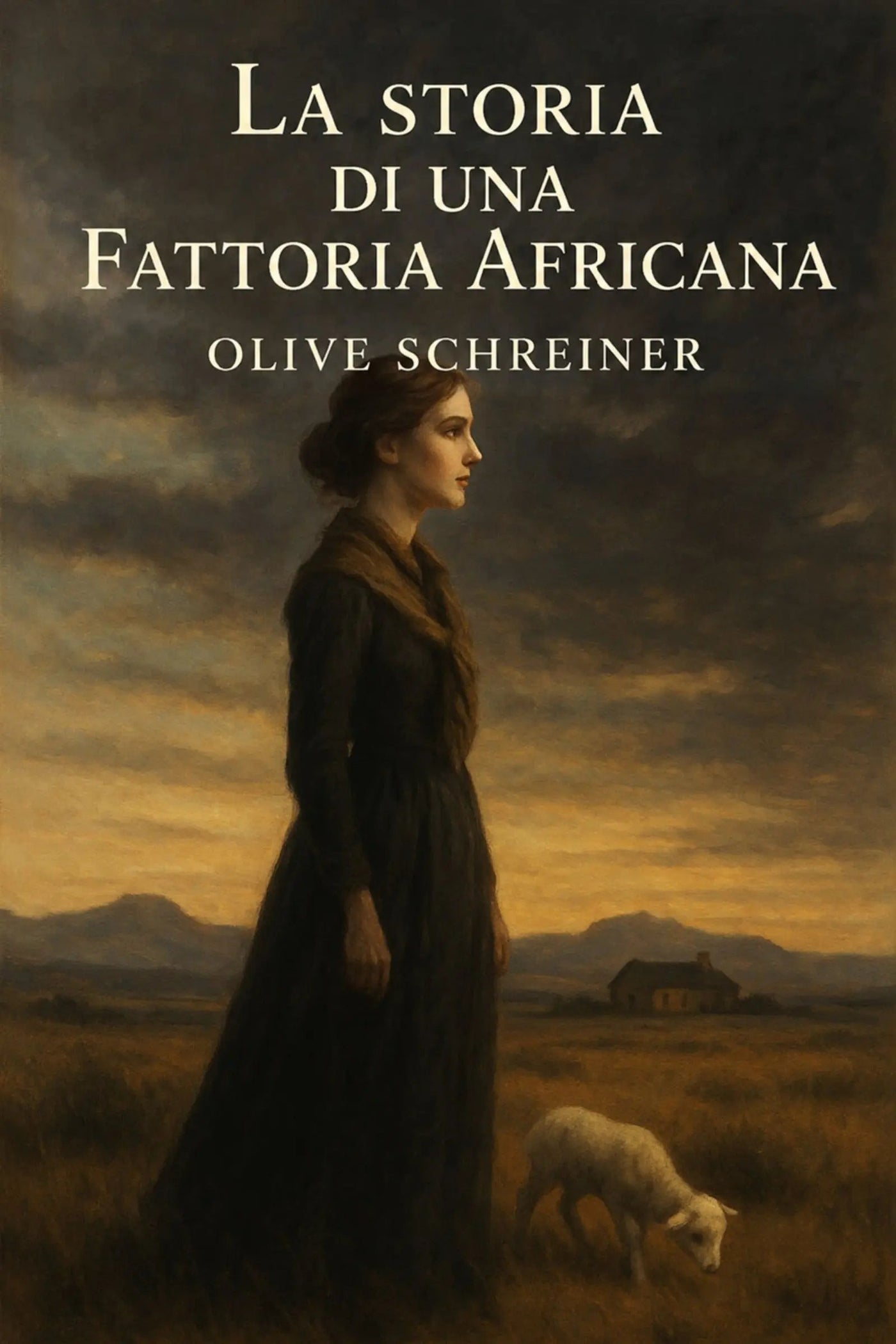 Book cover for 'La storia di una fattoria africana' by Olive Schreiner, featuring a painted scene of a woman in a long dark dress standing in a field beside a sheep under a dramatic cloudy sky.