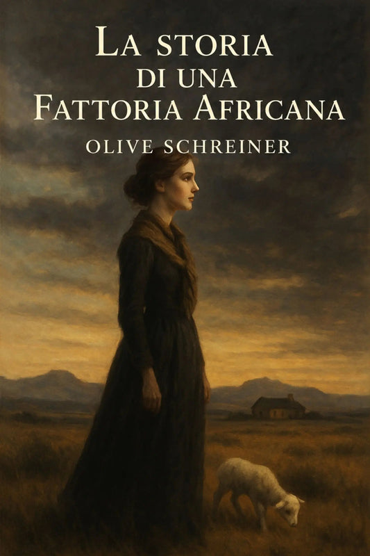 Book cover for 'La storia di una fattoria africana' by Olive Schreiner, featuring a painted scene of a woman in a long dark dress standing in a field beside a sheep under a dramatic cloudy sky.