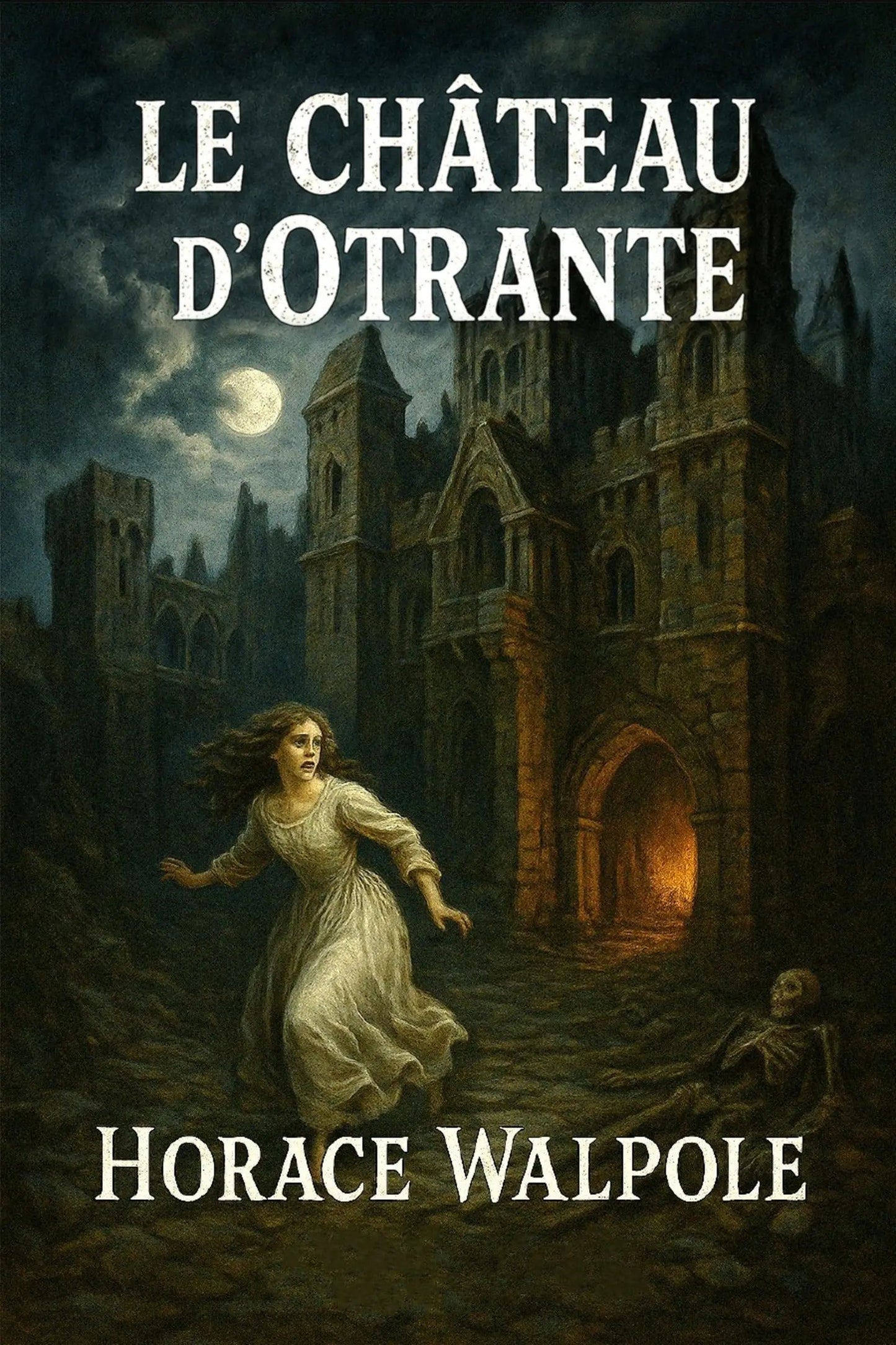 Book cover for 'Le Château d’Otrante' by Horace Walpole, featuring a dark gothic castle at night under a full moon, with a woman in a white dress running in the foreground and a skeleton on the ground.