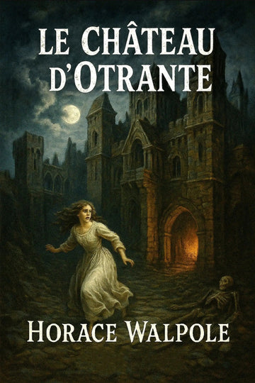 Book cover for 'Le Château d’Otrante' by Horace Walpole, featuring a dark gothic castle at night under a full moon, with a woman in a white dress running in the foreground and a skeleton on the ground.