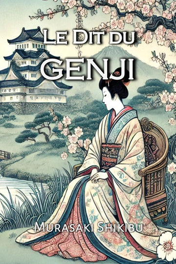 Book cover for 'Le Dit du Genji' by Murasaki Shikibu, featuring an illustration of a woman in a traditional Japanese kimono seated in a garden with cherry blossoms, a castle, and mountains in the background.