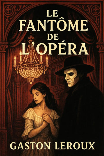 Book cover for 'Le Fantôme de l’Opéra' by Gaston Leroux, featuring a dark gothic illustration of a masked figure in a black hat and coat beside a young woman in a pale dress, with a chandelier and ornate red-brown architectural background.