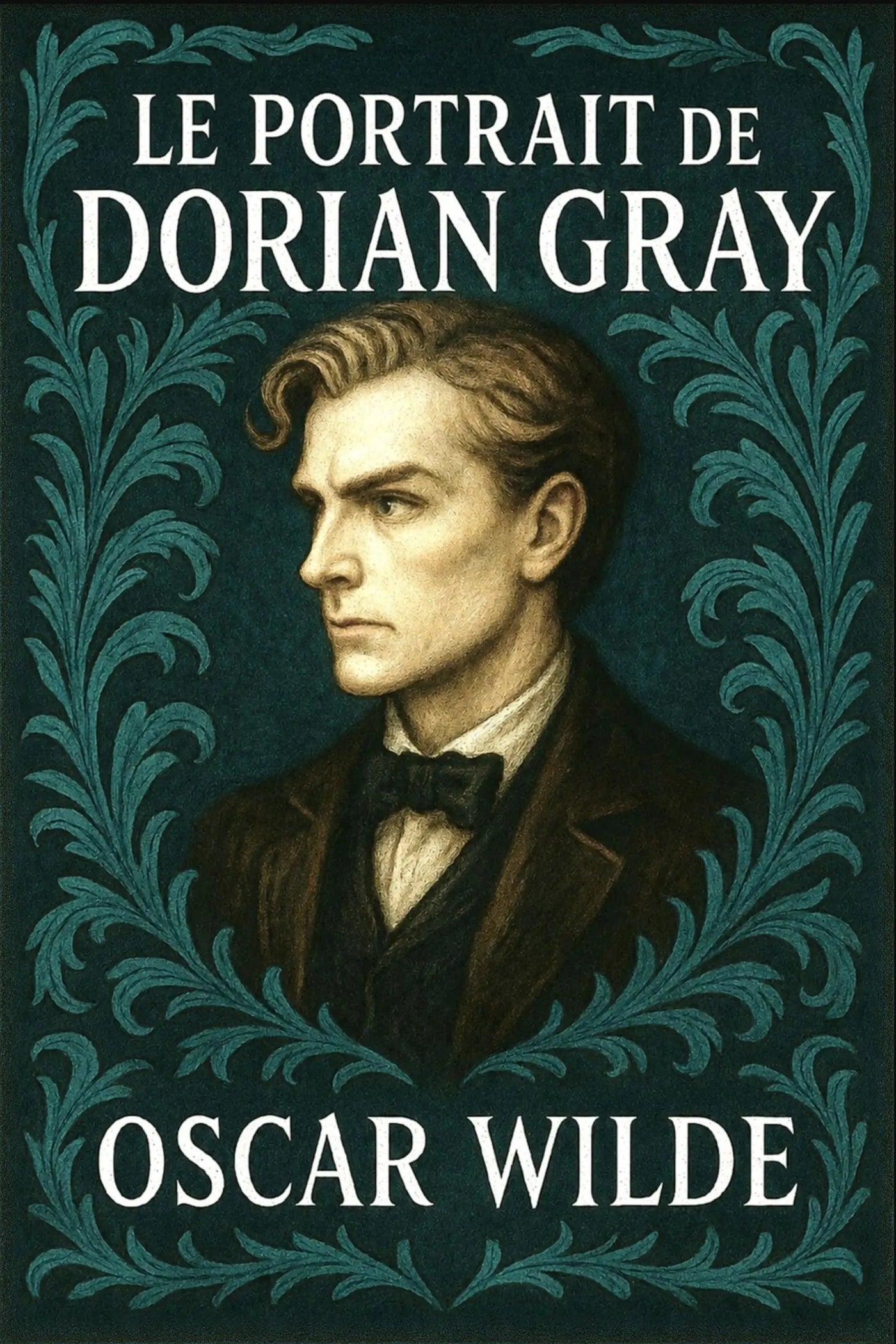 Book cover for 'Le Portrait de Dorian Gray' by Oscar Wilde, featuring a portrait of Dorian Gray in profile against a dark teal background with ornate teal foliage and white title text.