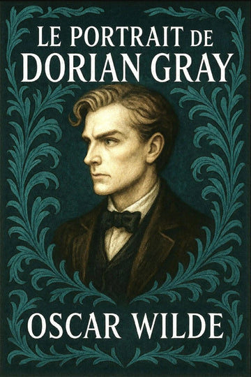 Book cover for 'Le Portrait de Dorian Gray' by Oscar Wilde, featuring a portrait of Dorian Gray in profile against a dark teal background with ornate teal foliage and white title text.