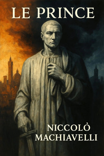 Book cover for 'Le Prince' by Nicolò Machiavelli, featuring a painted portrait of a robed historical figure against a dark cityscape with fiery orange sky on the left.