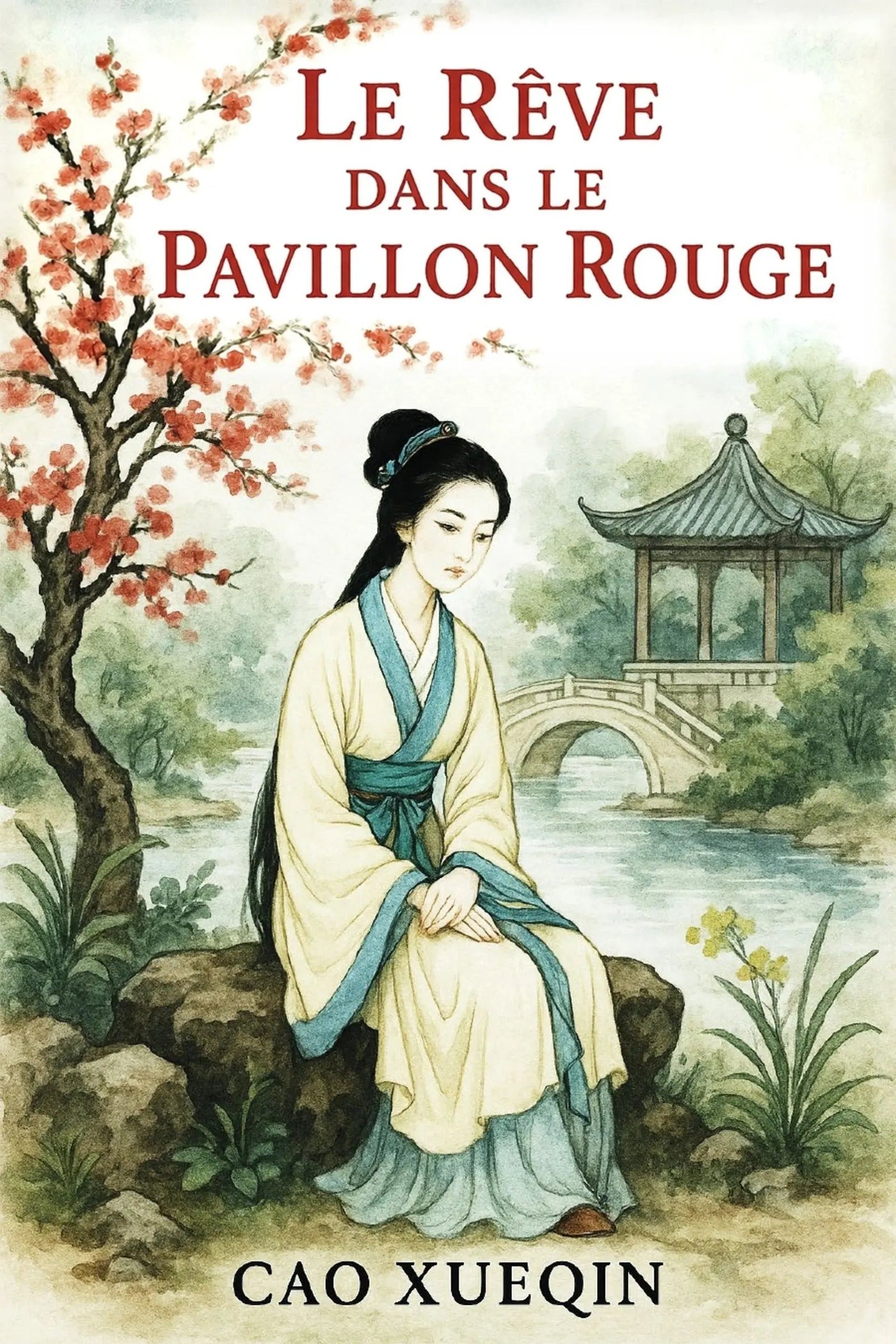 Book cover for 'Le Rêve dans le pavillon rouge' by Cao Xueqin, featuring an illustrated seated woman in traditional robes beside a river with a pavilion and cherry blossoms.