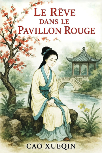 Book cover for 'Le Rêve dans le pavillon rouge' by Cao Xueqin, featuring an illustrated seated woman in traditional robes beside a river with a pavilion and cherry blossoms.