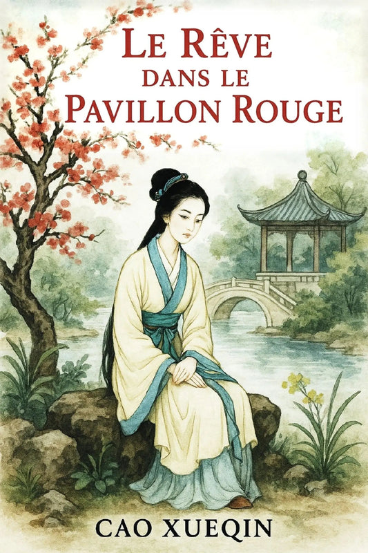 Book cover for 'Le Rêve dans le pavillon rouge' by Cao Xueqin, featuring an illustrated seated woman in traditional robes beside a river with a pavilion and cherry blossoms.