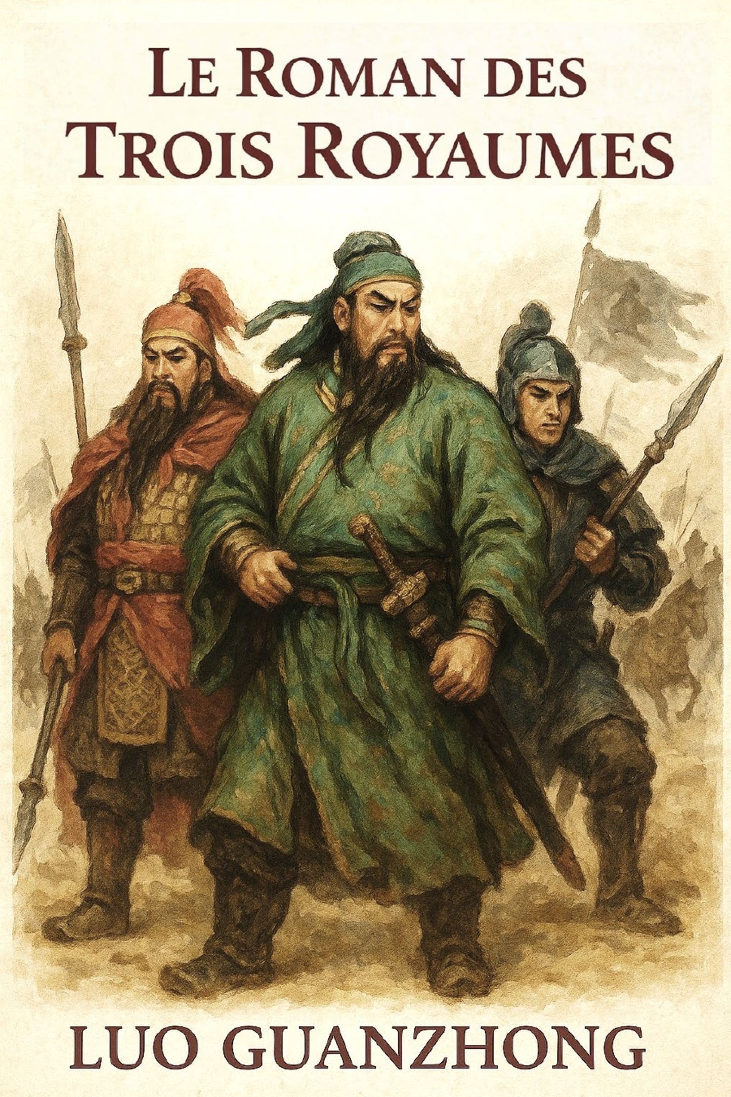 Book cover of 'Le Roman des Trois Royaumes' with illustrations of three characters in traditional Chinese attire.