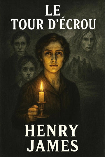 Book cover for 'Le Tour d’écrou' by Henry James, featuring a dark, moody illustration of a woman holding a lit candle, with three blurred faces in the background and the title and author name in large white text.