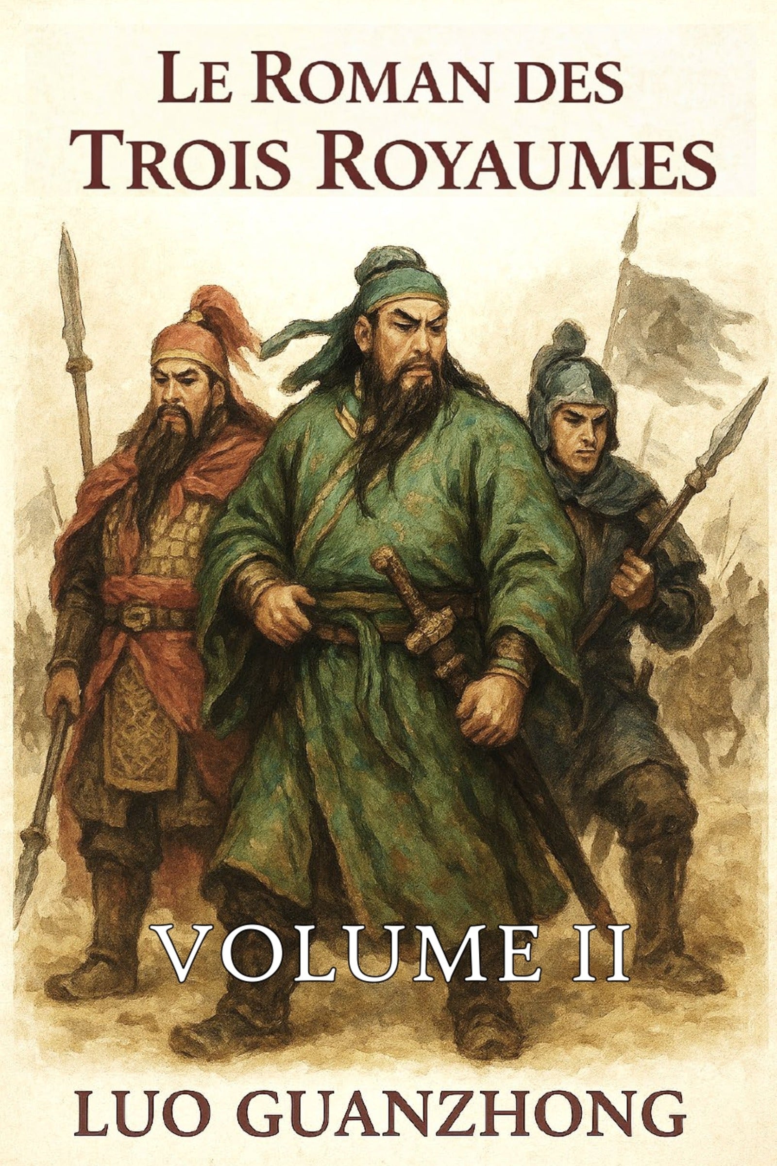 Book cover of 'Le Roman des Trois Royaumes Volume II' by Luo Guanzhong featuring three illustrated characters.