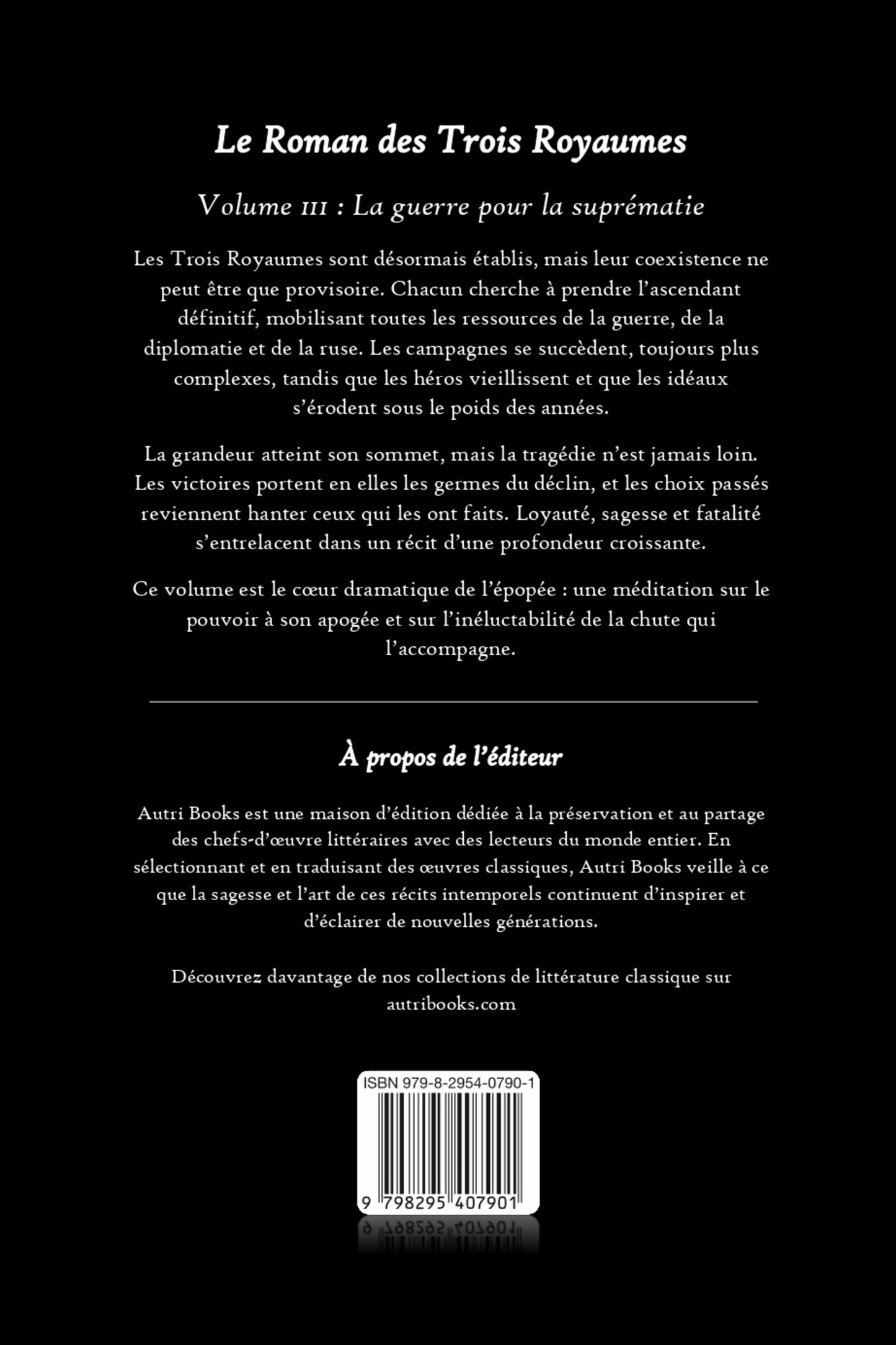 Back cover of a book titled 'Le Roman des Trois Royaumes' with text and a barcode.