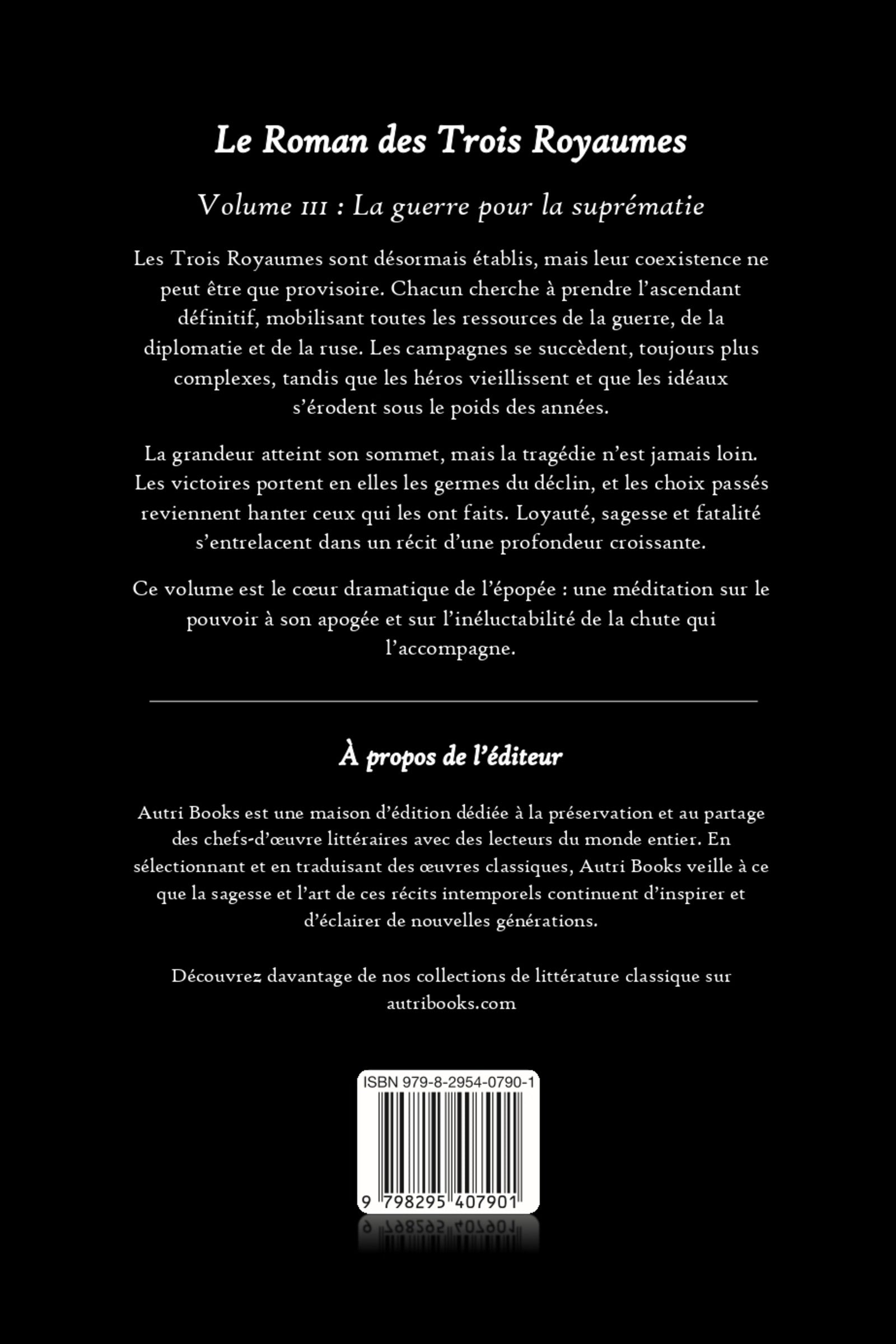 Back cover of a book titled 'Le Roman des Trois Royaumes' with text and a barcode.