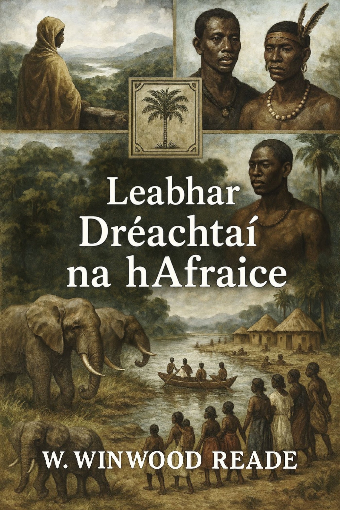 Book cover of 'Leabhar Dréachtaí na hAfraice' by W. Winwood Reade with illustrations of people and animals.