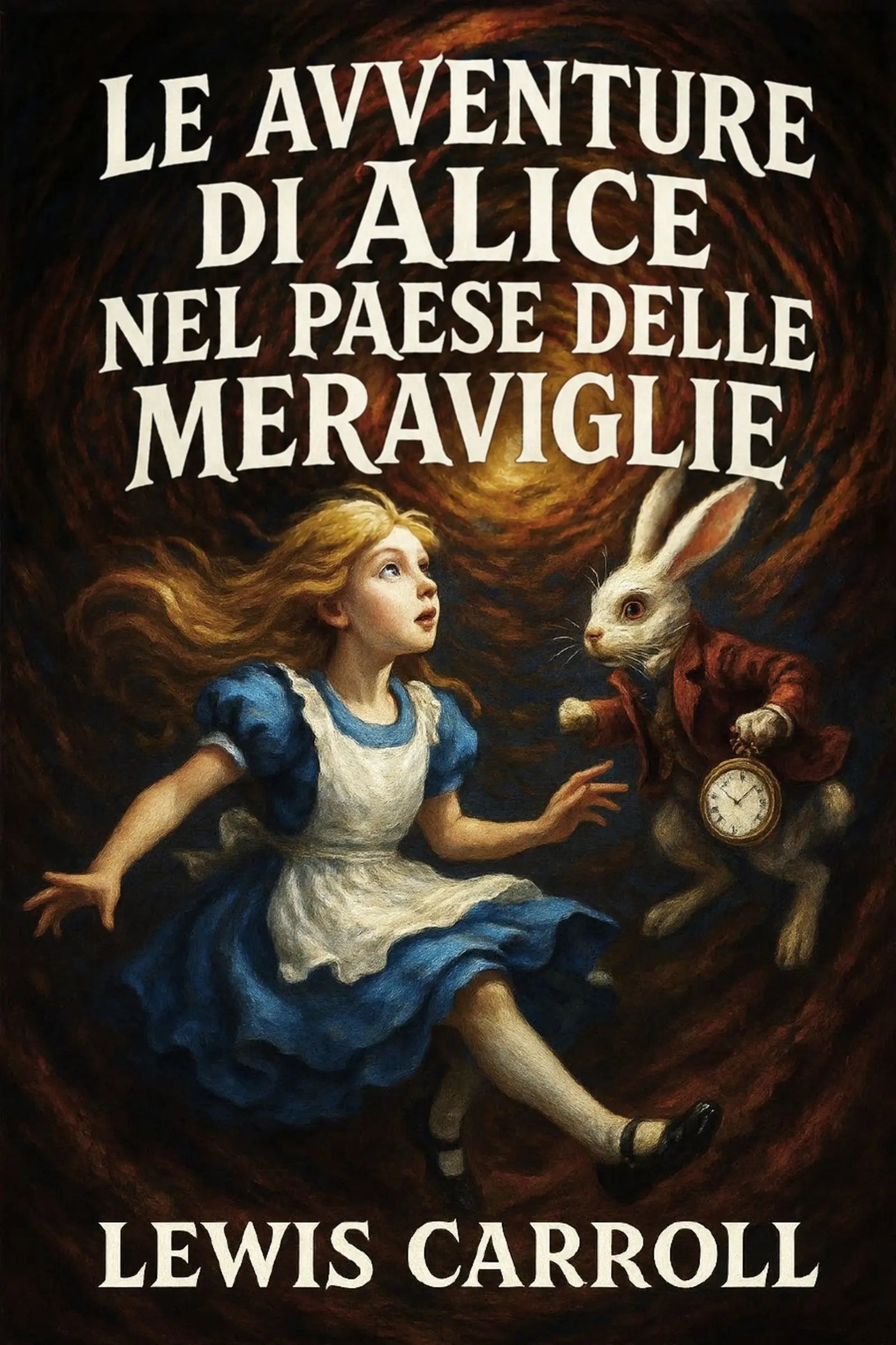 Book cover for 'Le avventure di Alice nel Paese delle Meraviglie' by Lewis Carroll, featuring Alice in her blue and white dress running toward the White Rabbit holding a pocket watch against a dark swirling background.
