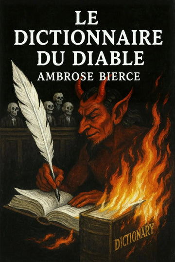 Book cover of 'Le dictionnaire du diable' by Ambrose Bierce with a devil writing in flames.